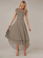 A-line Boat Neck Illusion Asymmetrical Chiffon Lace Mother of the Bride Dress With Applique Pleats by Dreamylily