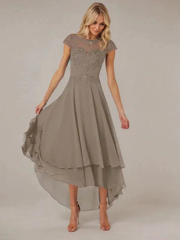 A-line Boat Neck Illusion Asymmetrical Chiffon Lace Mother of the Bride Dress With Applique Pleats by Dreamylily