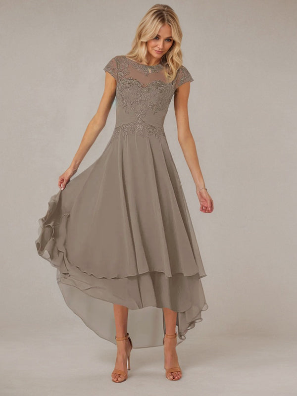 A-line Boat Neck Illusion Asymmetrical Chiffon Lace Mother of the Bride Dress With Applique Pleats Hover Image