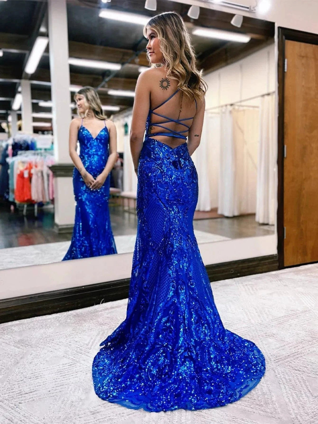 V Neck Pink Glitter Backless Mermaid Bodycon Long Prom Dress by KissProm