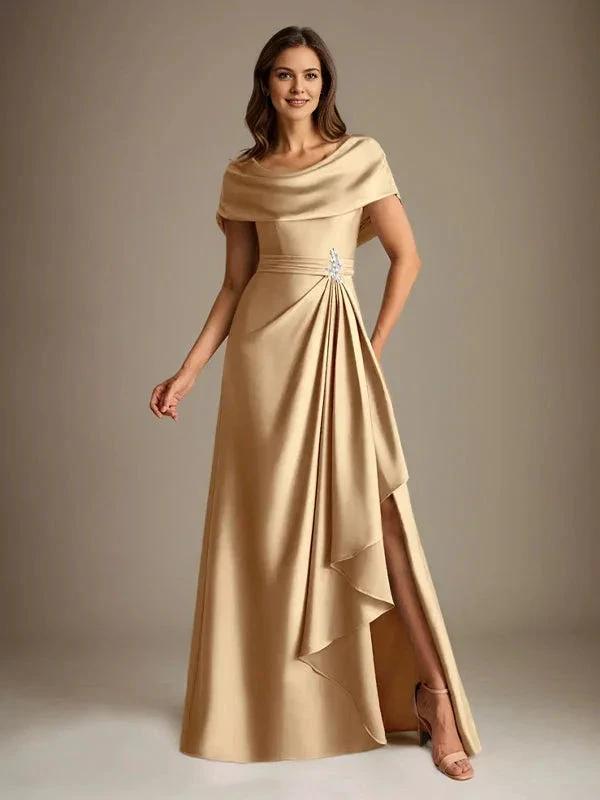 A-Line Scoop Floor-Length Stretch Satin Mother of the Bride Dress With Cascading Ruffles by Dreamylily