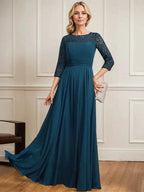 A-line Scoop Illusion Floor-Length Lace Chiffon Mother of the Bride Dress With Pleated by Dreamylily