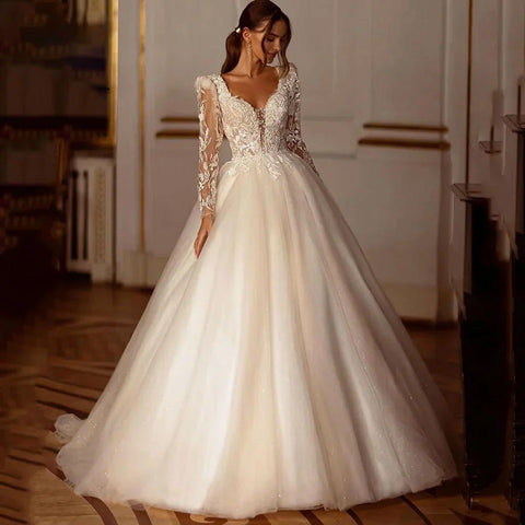 Glitter Champagner Brautkleider Langarm Appliques Spitze Moderne Brautkleid Tüll Brautkleid vestidos de novia 