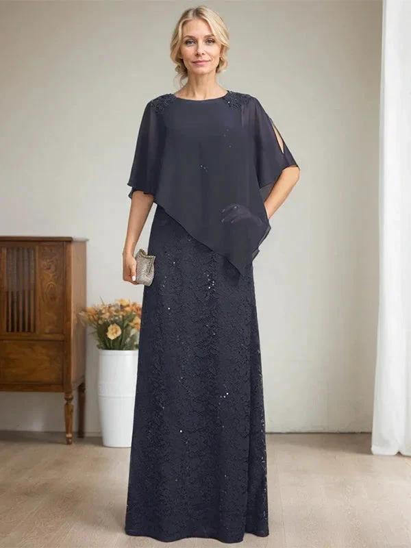 Sheath/Column Scoop Floor-Length Chiffon Lace Mother of the Bride Dress With Sequins Beading by Dreamylily