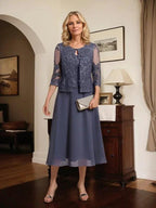 A-line Scoop Tea-Length Lace Chiffon Mother of the Bride Dress With Sequins by Dreamylily