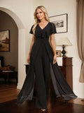 Jumpsuit/Pantsuit V-Neck Floor-Length Chiffon Evening Dress by Dreamylily