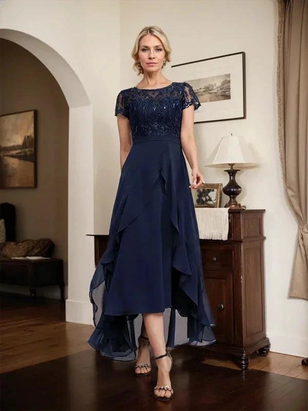 A-line Scoop Illusion Asymmetrical Chiffon Lace Mother of the Bride Dress With Bow Ruffle Sequins by Dreamylily