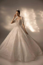 Sparkling Ball Gown Sweetheart Neck Tulle Wedding Dress with Beaded Embroidery & Sheer Puff Sleeves Q6021 by ZAPDRESS