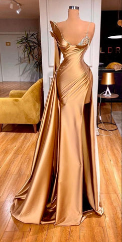 Vestido de noche de sirena de satén para mujer, con cristales dorados y un hombro descubierto, vestido de fiesta hecho a medida Y63