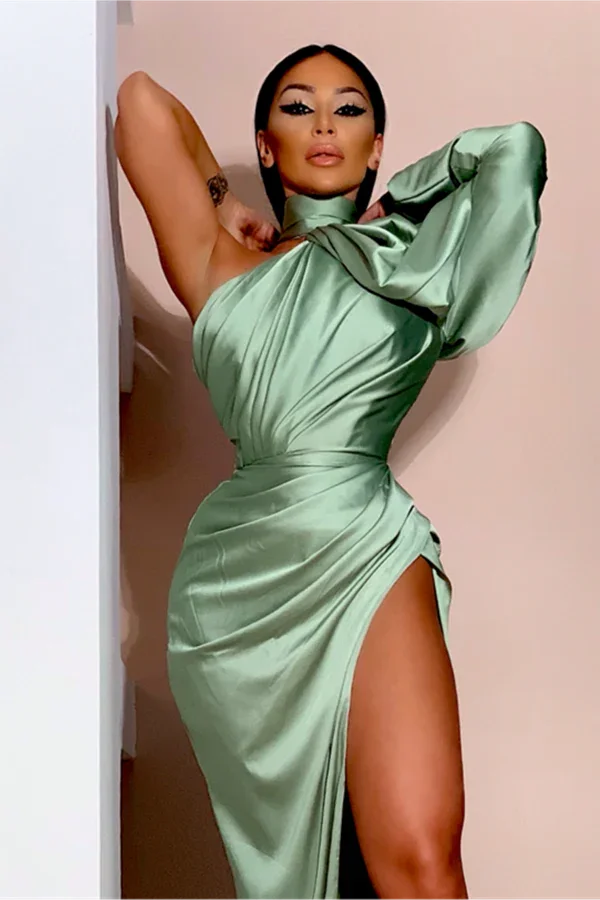 Long Sleeves Mermaid High Neck Satin Formal Prom Dress With Split by BIZTUNNEL