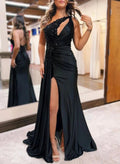 Black One Shoulder Sain Long Prom Dresses with Appliques by KissProm
