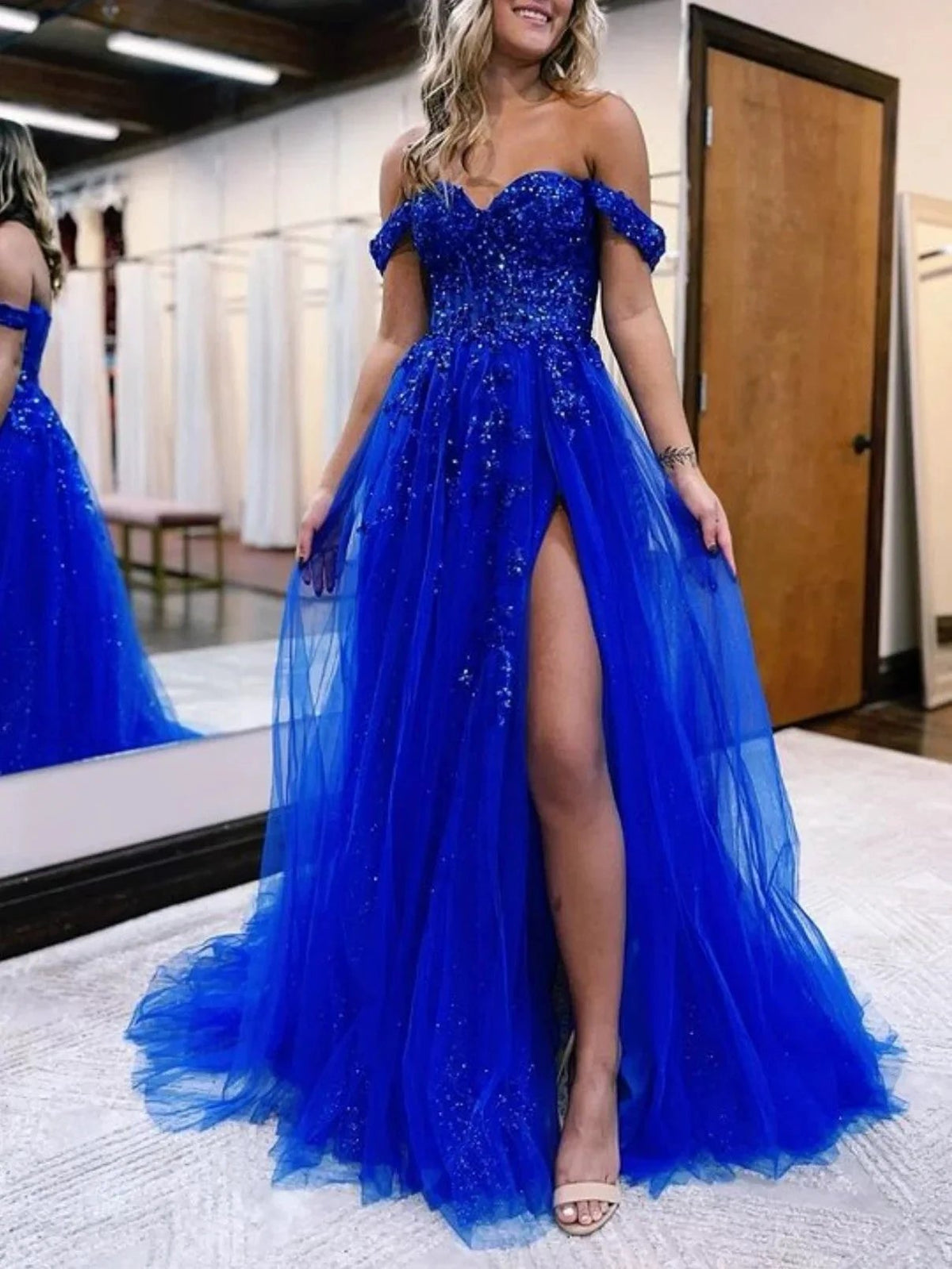 Meadow |A Line Off the Shoulder Lace Tulle Prom Dress With Slit by KissProm