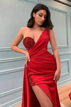 Slit Front Red Sequin One Shoulder Mermaid Prom Dress by BIZTUNNEL