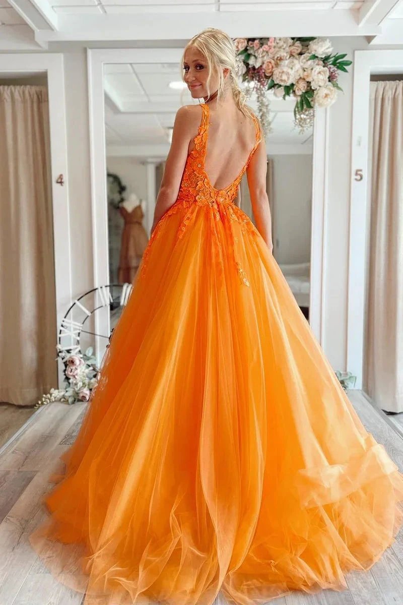 Marigold |A-Line V-Neck Long Tulle Prom Dress with Appliques by KissProm