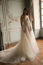 White Sparkly Beaded Corset Tulle Wedding Gown with Long Train SW746