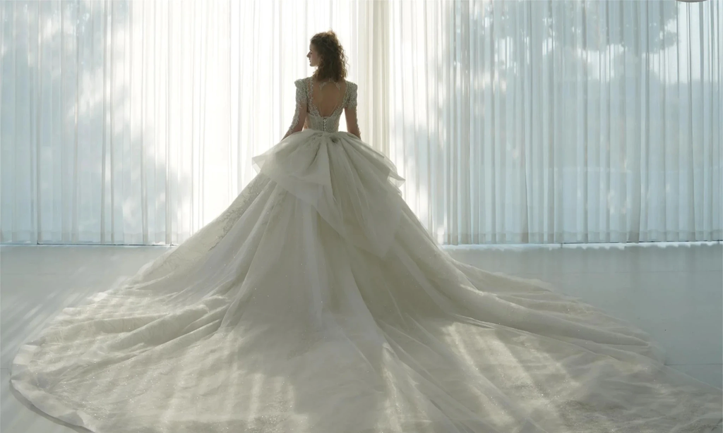 Dazzling Ball Gown Deep V-Neck Tulle Wedding Dress with Beaded Embroidery & Illusion Cut-Out Back Q-6022 by ZAPDRESS