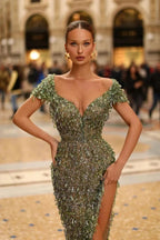 Off The Shoulder V-neck Mermaid Prom Dress with High Slit and Sequins by BIZTUNNEL