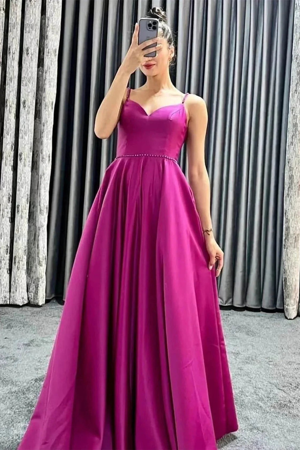 Long A-line Spaghetti Straps V-Neck Sleeveless Prom Dresses with Pockets by BIZTUNNEL