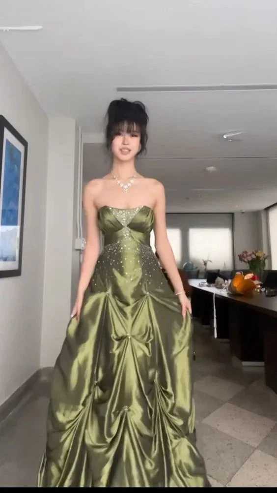Pretty Strapless Green Satin Beaded Long Prom Dress Formal Brithday Dress Ball Gown Y7533 by simplepromdress