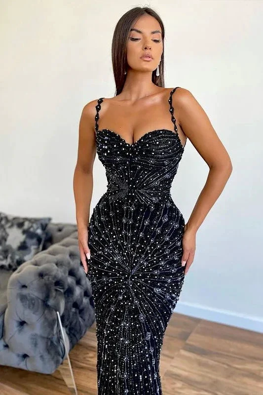 Spaghetti Straps Black Meimaid Long Prom Dress with Applique and Beads by BIZTUNNEL