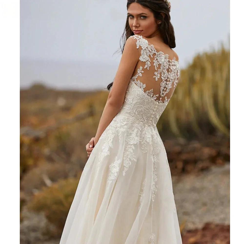 Simple A Line Wedding Dresses 2023 Sexy V Neck Sleeveless Lace Appliques Sweep Train For Women Bridal Gowns Buttons Back Robes by payinti