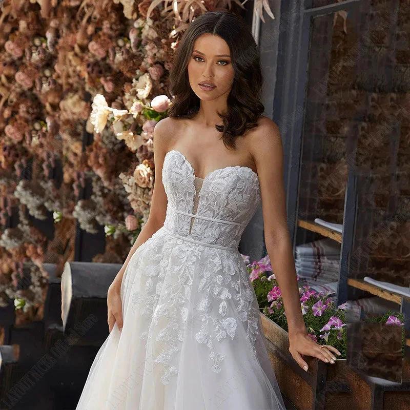 Wedding Dress A Line Removable Long Sleeve Bride Elegant Open Back Lace Bridal Gown Applique Tulle Vestido De Noiva by payinti