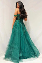Elliana | Glitter Emerald Appliques Off-the-Shoulder A-Line Long Prom Dress by KissProm