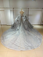 Silver Glimmer V-Neck Ballgown: Crystal-Embroidered Bust & Dramatic Bow Train by ZAPDRESS