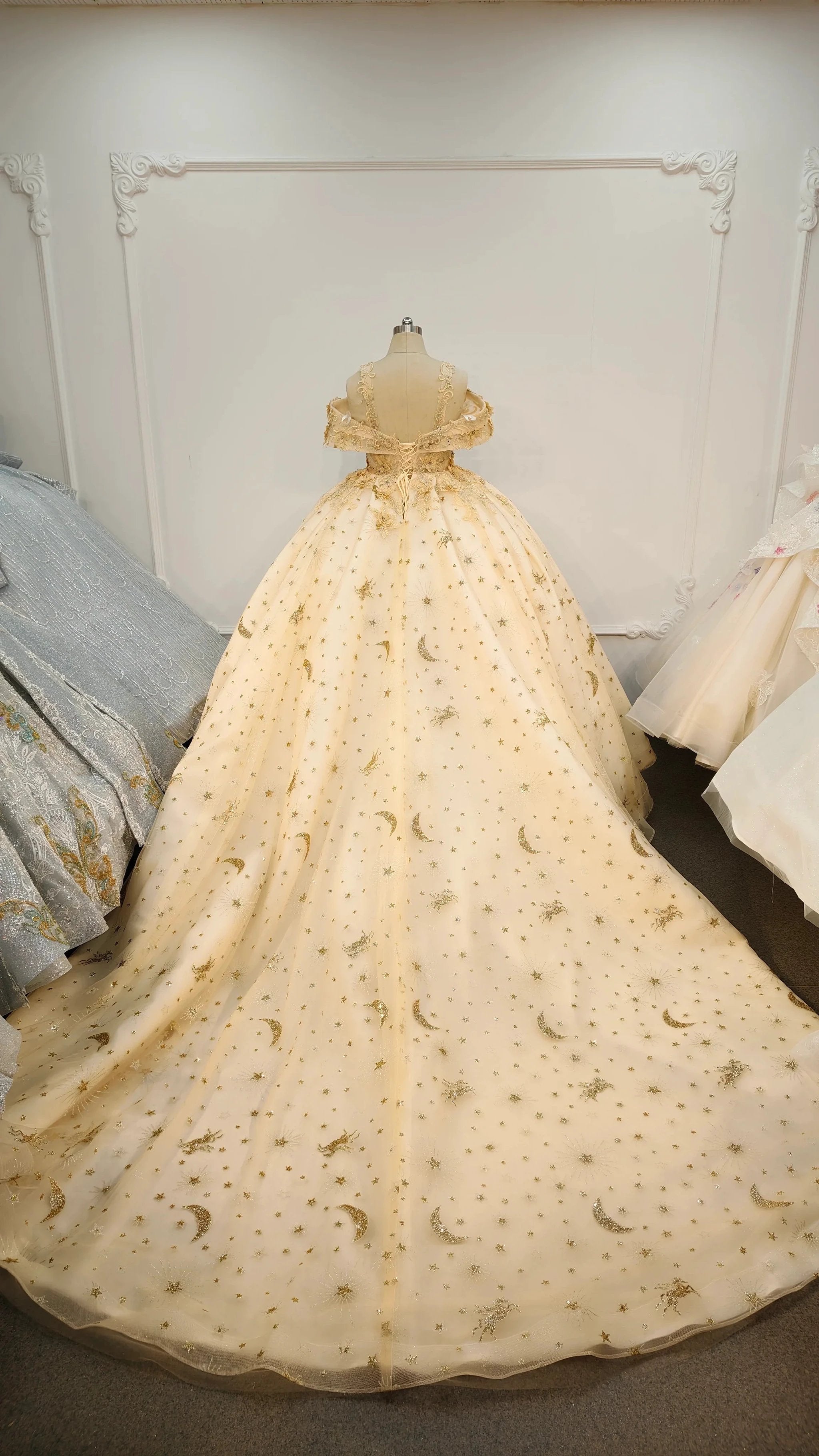 Celestial Off-the-Shoulder Ball Gown Wedding Dress with Star/Moon Embroidery & Beaded Floral Appliqués Ye-2040 by ZAPDRESS