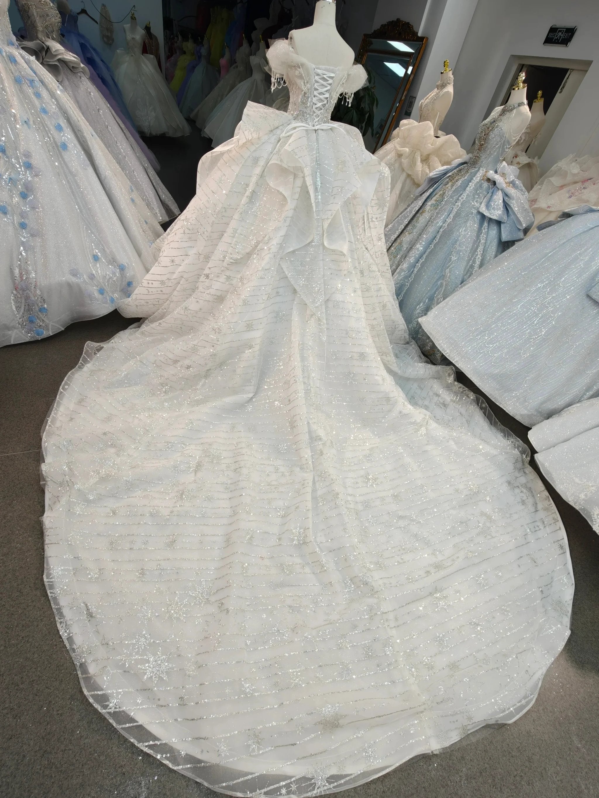 Ivory Starlight Off-Shoulder Ballgown Celestial Sequin Skirt & Beaded Tassel Bodice by ZAPDRESS