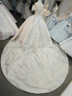 Champagne Glimmer Off-Shoulder Ballgown Crystal Fringe Bust & Embroidered Train by ZAPDRESS
