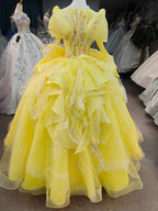 Vibrant Yellow High-Neck Ball Gown Wedding Dress with Ruffled Tulle, 3D Floral Embroidery & Corset Back Ye-2031 by ZAPDRESS