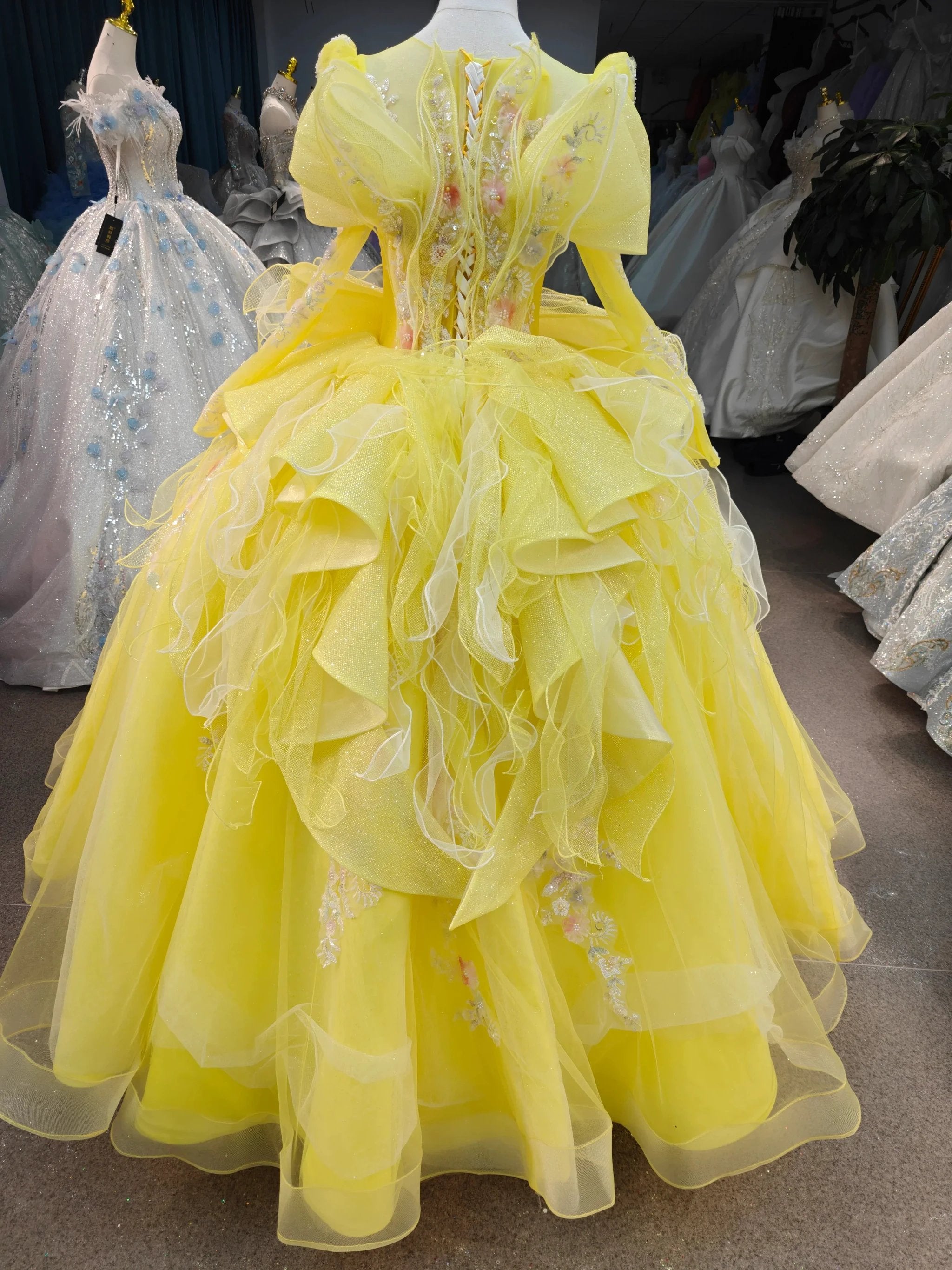 Vibrant Yellow High-Neck Ball Gown Wedding Dress with Ruffled Tulle, 3D Floral Embroidery & Corset Back Ye-2031 by ZAPDRESS