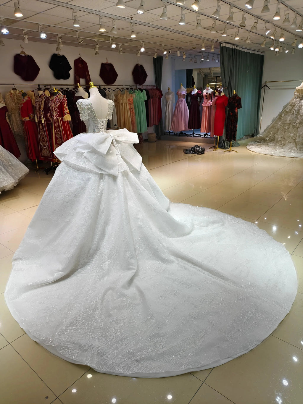 Silver Sparkle Cap-Sleeve Ballgown Beaded Bust & Bow Train by ZAPDRESS