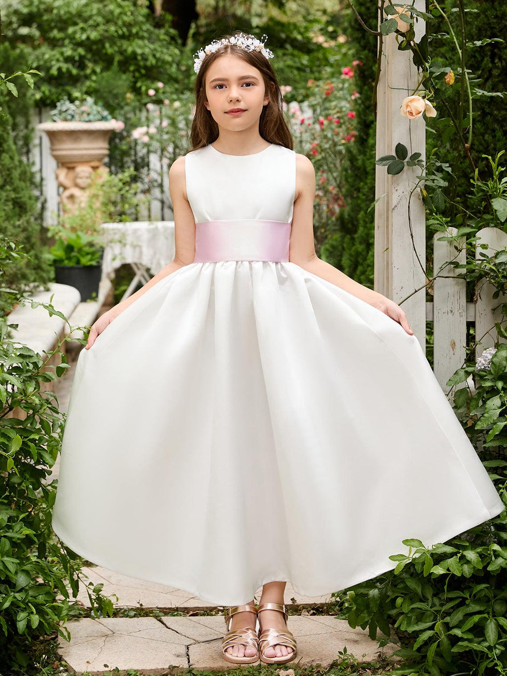 Ivory Satin Flower Girl Ball Gown with Sash Bow | Ankle-Length Tulle Dress (0… - photo 1