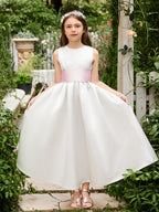 Ivory Satin Flower Girl Ball Gown with Sash Bow | Ankle-Length Tulle Dress (0… - photo 1