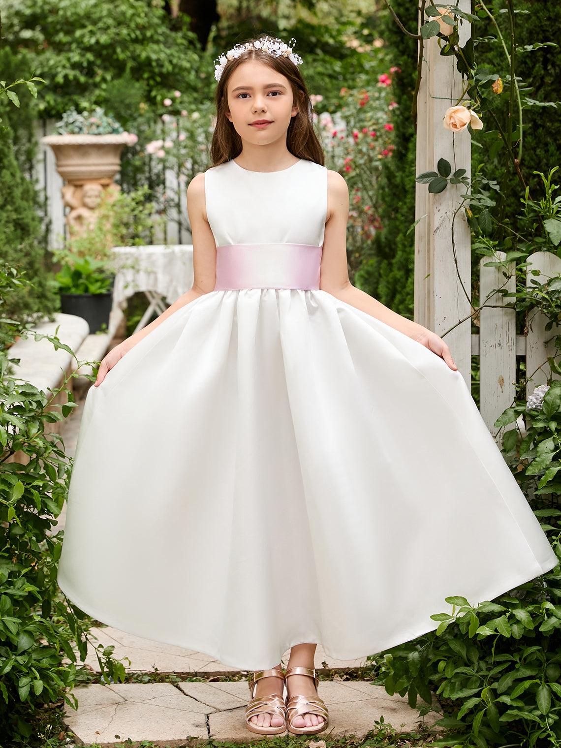 Ivory Satin Flower Girl Ball Gown with Sash Bow | Ankle-Length Tulle Dress (0… - photo 1