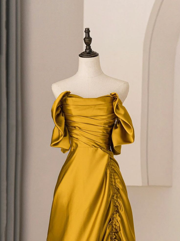 Vestido de fiesta largo de satén con corte A y hombros descubiertos, plisado, Y7599