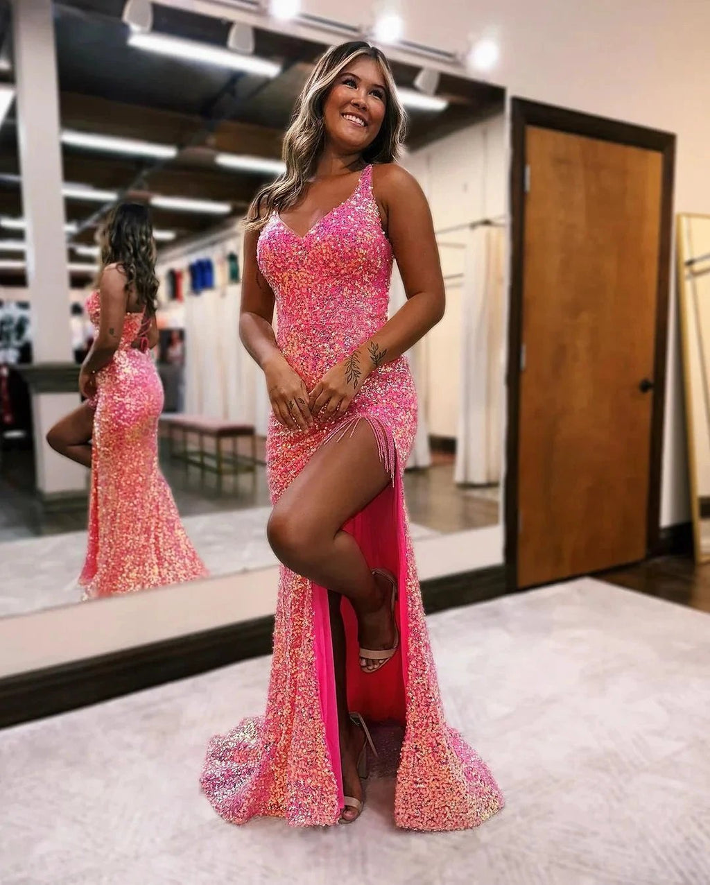 Sexy Sleeveless Slit Front Spaghetti Straps Prom Dress by BIZTUNNEL