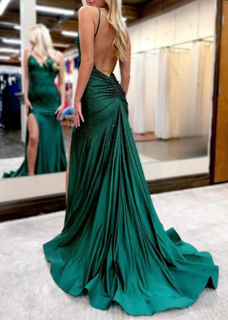 Royal Blue Beaded V Neck Mermaid Long Prom Dresses with Slit by KissProm