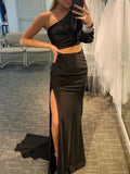 Satin Mermaid One Shoulder Two Pieces Set Black Long Prom Dress by KissProm