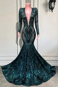 Emerald V-Neck Long Sleeves Sequins Lace Prom Dress Mermaid by BIZTUNNEL