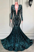 Emerald V-Neck Long Sleeves Sequins Lace Prom Dress Mermaid by BIZTUNNEL