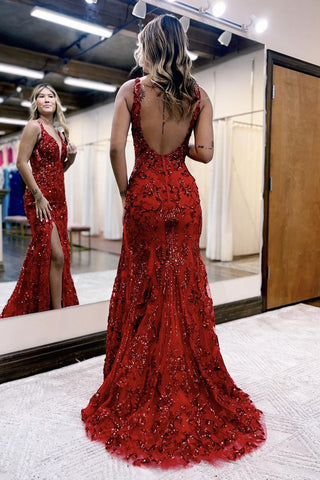 Avianna | Meerjungfrau-Ballkleid mit V-Ausschnitt, Pailletten und Spitze und Schlitz