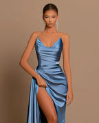 Simple Blue Satin Draped Mermaid Long Prom Dress with Slit by BIZTUNNEL