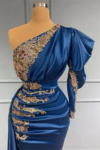 Regal Sapphire One Shoulder Mermaid Long Prom Dress with Beads by BIZTUNNEL