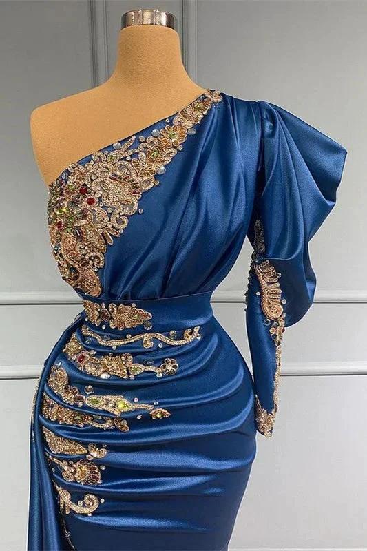 Regal Sapphire One Shoulder Mermaid Long Prom Dress with Beads by BIZTUNNEL