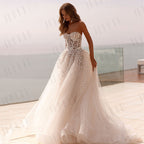 Fashion Strapless 3D Flower Lace Applique Wedding Dresses Sweep Train Custom Bridal Grown Vestido De Noival