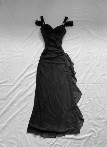 Vestido de fiesta largo de gasa negra brillante Y7487