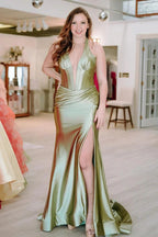 Josie | Navy Halter Corset Mermaid Plunging Deep V-neck Ruched Long Formal Dress with Slit by KissProm